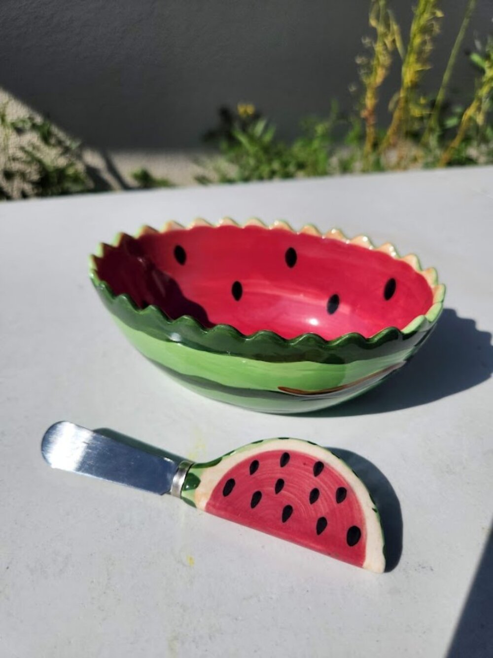 Vintage Secret Garden Ceramic Watermelon Dip Bowl and Spreader Set - Excellent